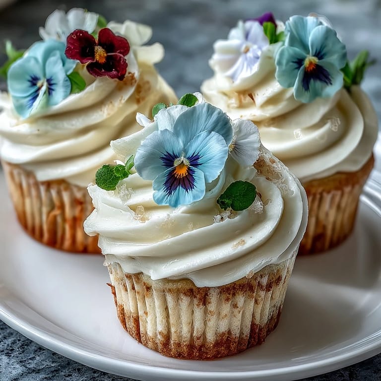 Beautifully decorated spring cupcakes with vibrant edible flowers on a creamy vanilla frosting.