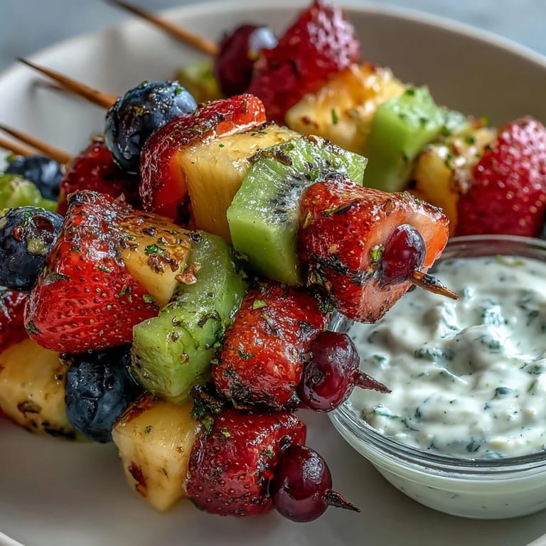 Vibrant Rainbow Fruit Skewers with Honey Dip: an easy, no-cook appetizer of fresh fruit arranged in rainbow order with a sweet yogurt dip.