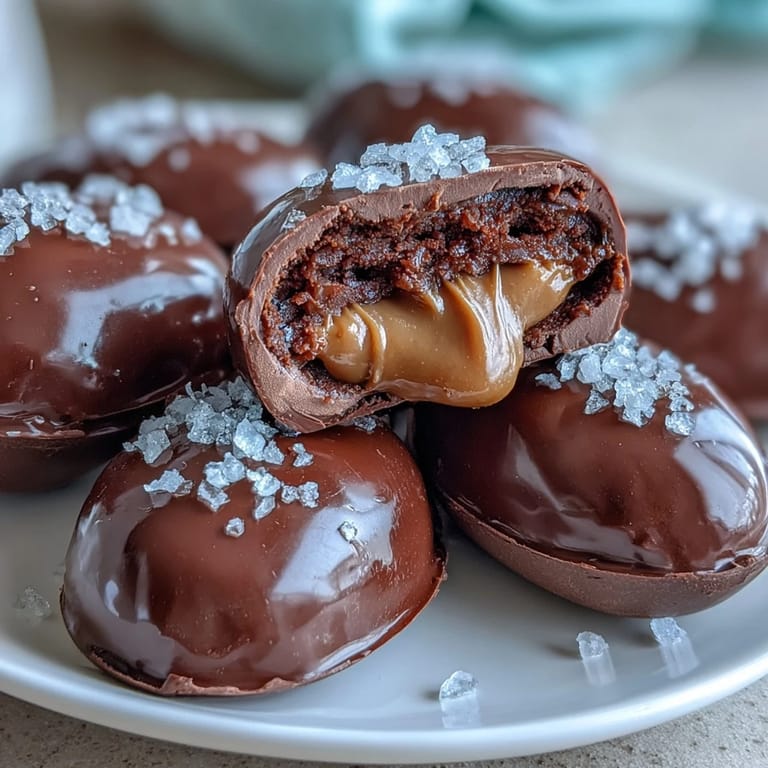 Decadent peanut butter-filled Easter eggs coated in rich dark chocolate and finished with a sprinkle of sea salt for a sweet-salty treat.  