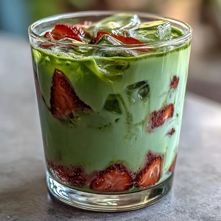 Strawberry Matcha Latte with Oat Milk: Beautifully layered beverage featuring fresh strawberry sweetness, smooth matcha, and chilled oat milk for a vegan treat.