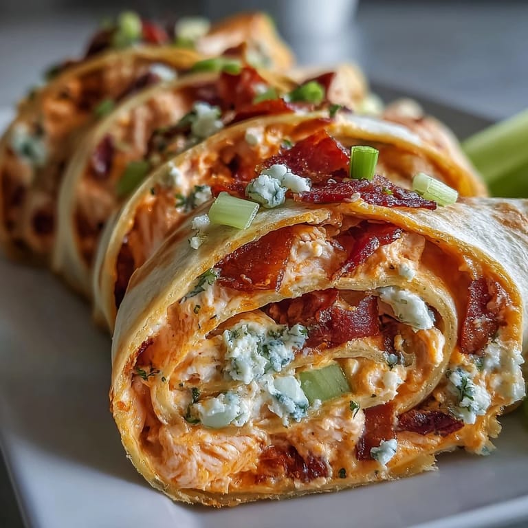Spicy Buffalo Chicken Pinwheel Wraps feature a rich cream cheese filling, crunchy celery, and bold flavor, sliced into perfect bite-sized party snacks.
