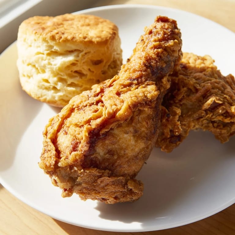 Crispy, flavorful fried chicken and soft buttermilk biscuits, a delicious Southern-style family dinner.