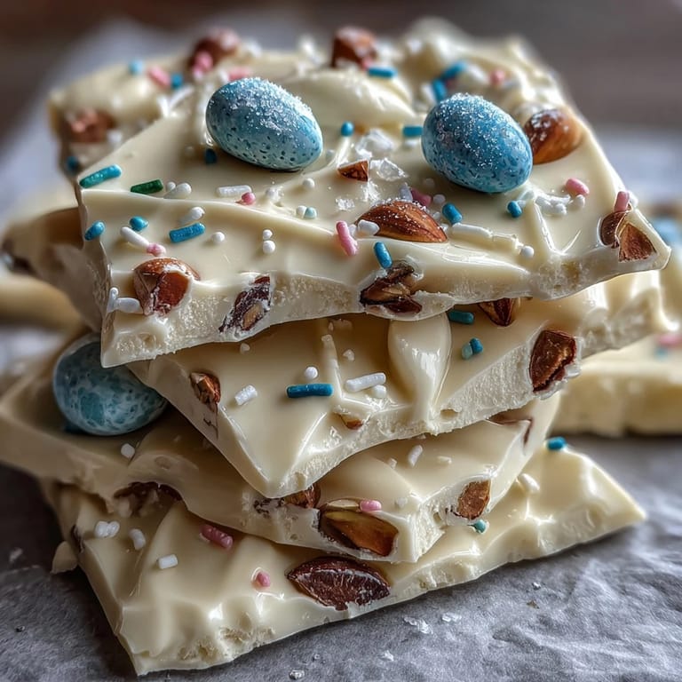 Vibrant white chocolate bark decorated with pastel candy-coated Easter eggs and pistachios, perfect for holiday celebrations.