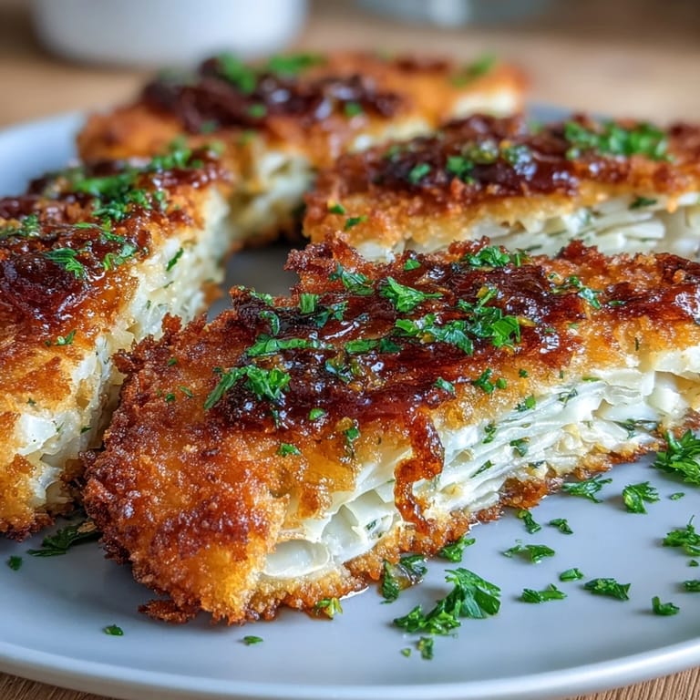 Savory cabbage slices coated in panko breadcrumbs and pan-fried to perfection for a meat-free schnitzel.