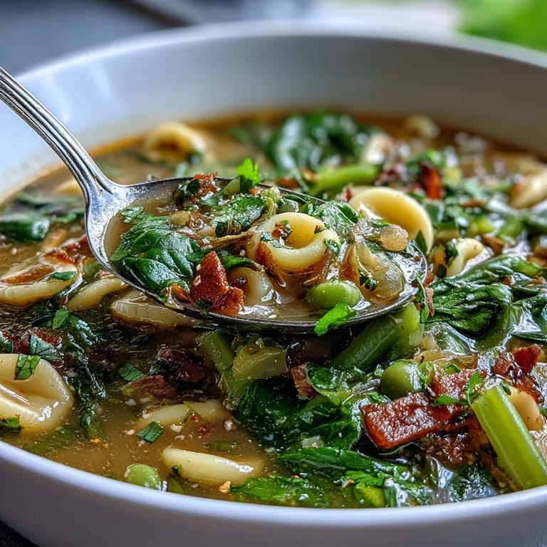 A comforting bowl of Spring Minestrone, loaded with seasonal vegetables, tender pasta, and a light, herb-infused broth.
