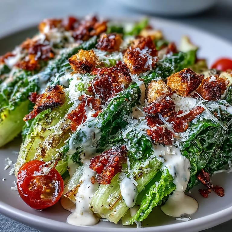 Fresh tahini Caesar salad with crisp lettuce, juicy cherry tomatoes, and crunchy croutons, topped with rich Parmesan cheese.