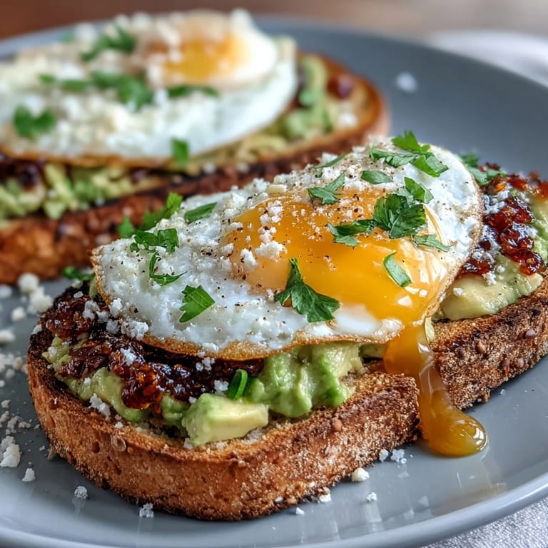 Golden toast layered with smooth avocado and a runny poached egg, then topped with crunchy chili crisp for a flavorful, modern brunch dish.