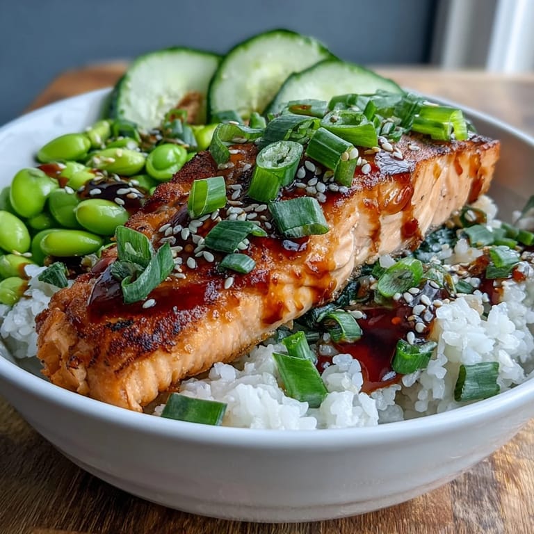 Savory teriyaki salmon served on steamed rice with fresh cucumber, edamame, and a drizzle of homemade teriyaki glaze.