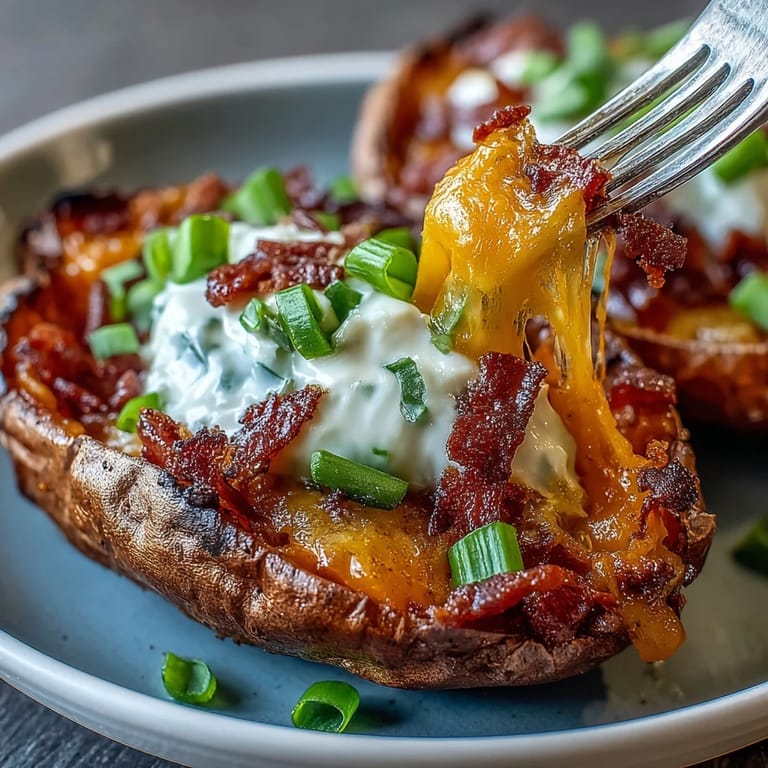 Golden-baked Loaded Sweet Potato Skins topped with sharp cheddar, crispy bacon, and fresh green onions for a hearty appetizer.  