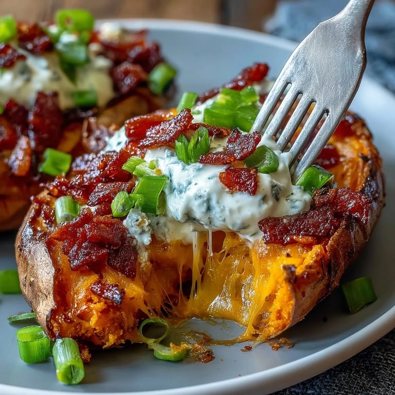 Twice-baked Loaded Sweet Potato Skins filled with creamy sour cream, smoky paprika, and savory bacon bits, great for sharing.