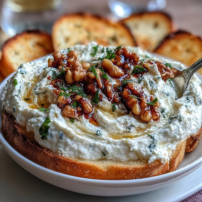 Velvety feta cheese dip blended smooth and topped with golden honey, crunchy walnuts, and vibrant herbs in a shallow white bowl.