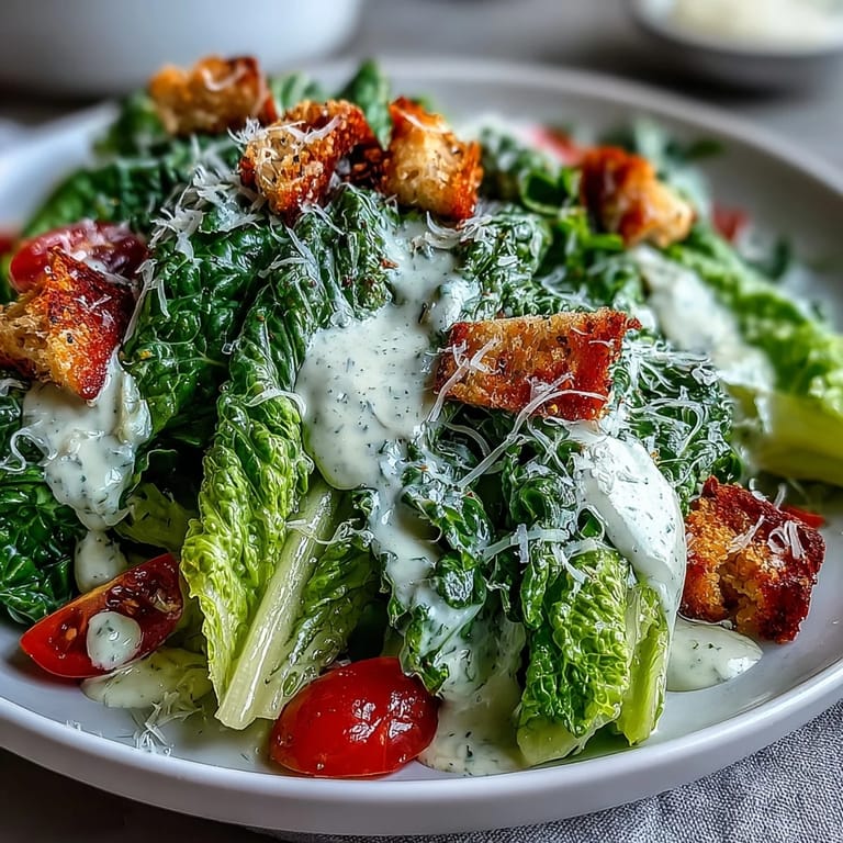 Creamy tahini Caesar salad featuring fresh romaine, tangy lemon dressing, and golden Parmesan croutons for a Mediterranean twist.