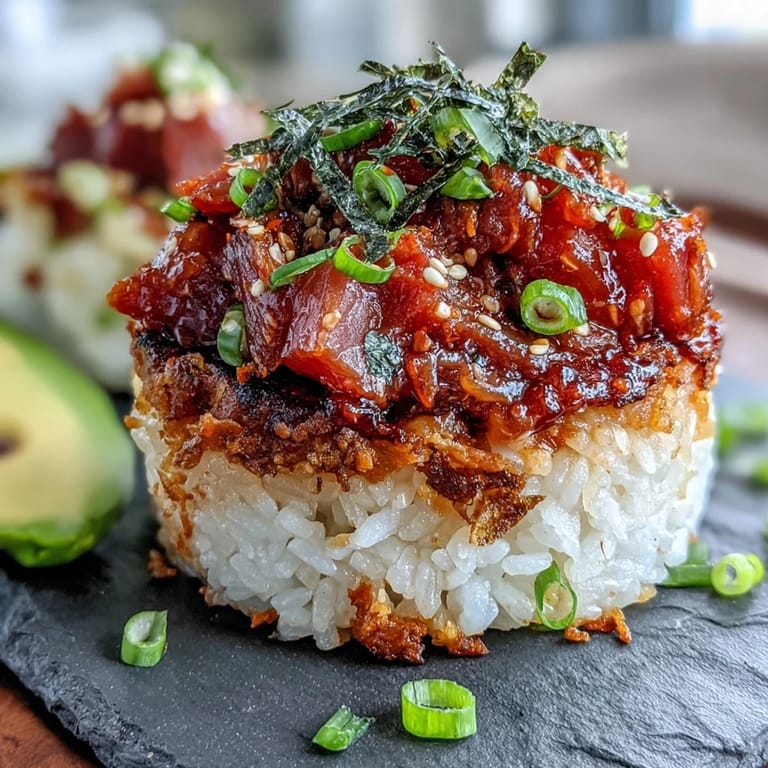 Crispy sushi rice squares topped with spicy tuna mixture and fresh avocado slices.