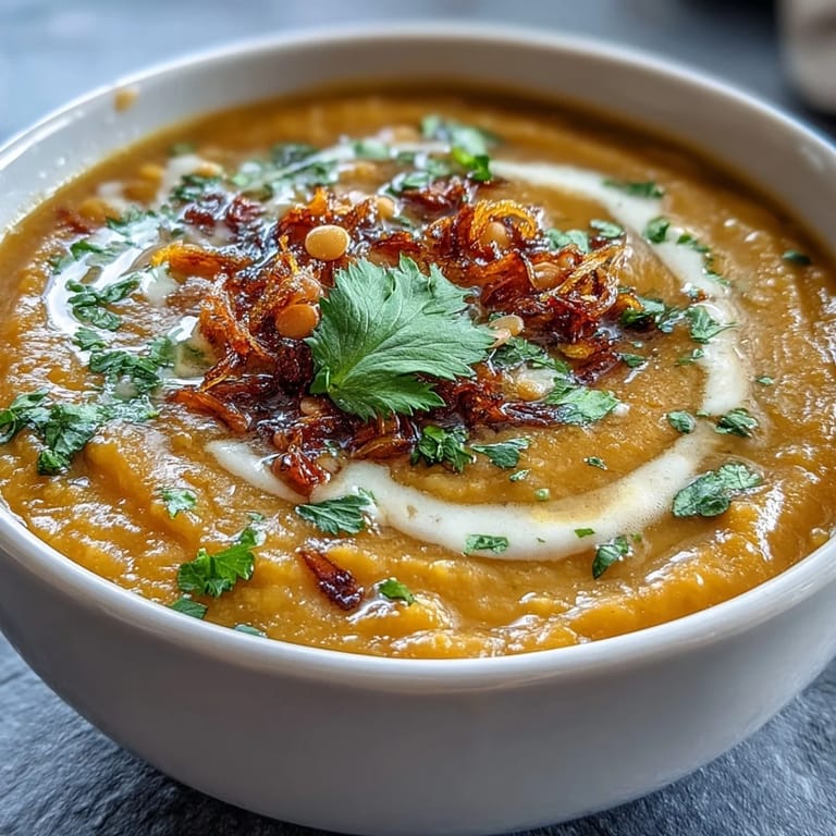 Cozy red lentil soup with vibrant turmeric and a splash of lemon, garnished with parsley and ready to warm your soul.