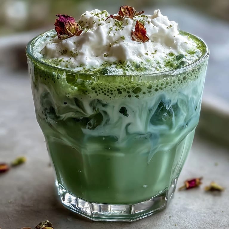 Enjoy this elegant Mother's Day Iced Matcha Latte with thick vanilla foam.