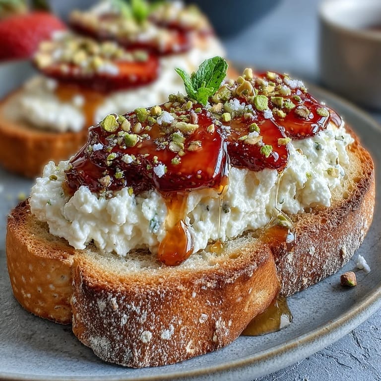 Vibrant, creamy ricotta toast with sweet strawberries and honey, ready to enjoy.