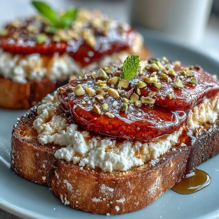Artfully assembled Strawberry Honey Ricotta Toast, a delightful and easy breakfast treat.