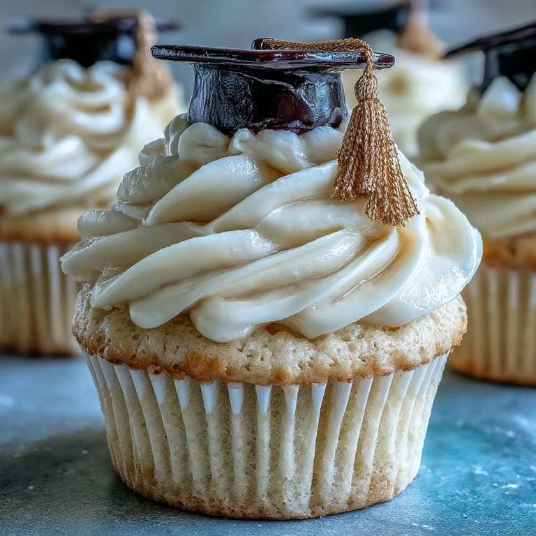Sweet vanilla cupcakes topped with creamy buttercream and edible graduation cap toppers.