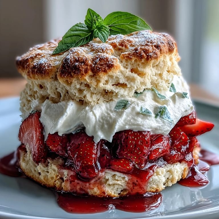 Close-up of fluffy Strawberry Basil Shortcake Biscuits, showcasing vibrant fruit and creamy topping.