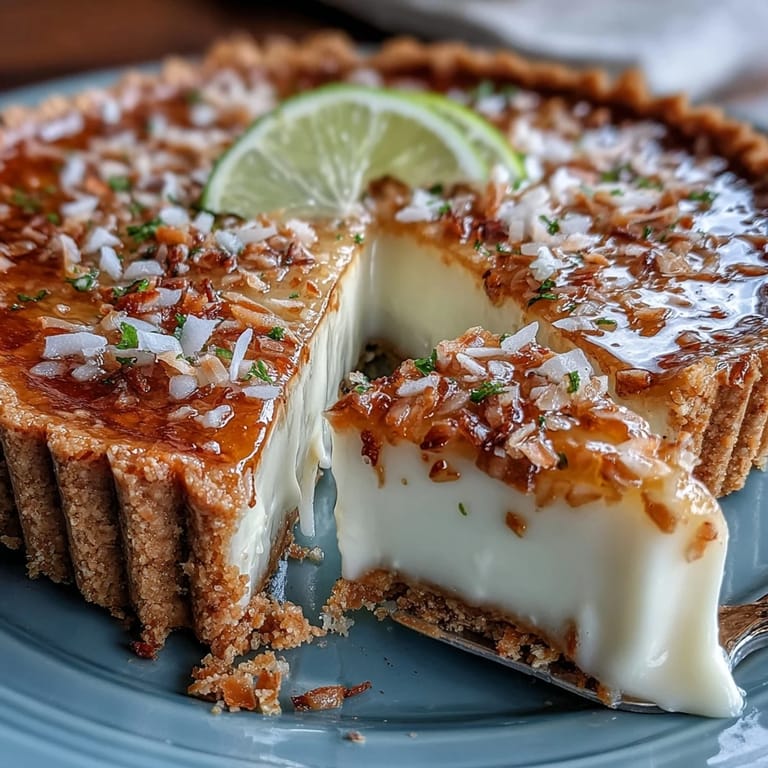 A bright Coconut Lime Tart with creamy filling, topped with toasted coconut.
