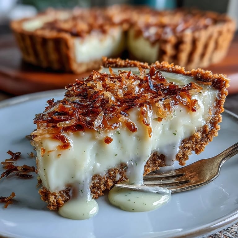 Luscious Coconut Lime Tart with a crisp graham cracker crust, ready to slice.