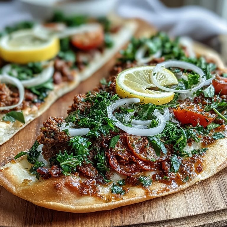 Savor the aroma of this Turkish Lahmacun Pizza, perfect with lemon wedges.