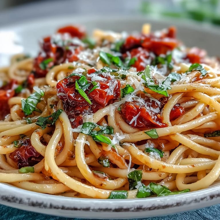 Vibrant cherry tomato confit pasta with fresh basil, a simple yet elegant Italian meal.
