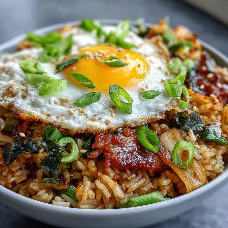 Vibrant bowl of kimchi fried rice, studded with vegetables, ready to be devoured.