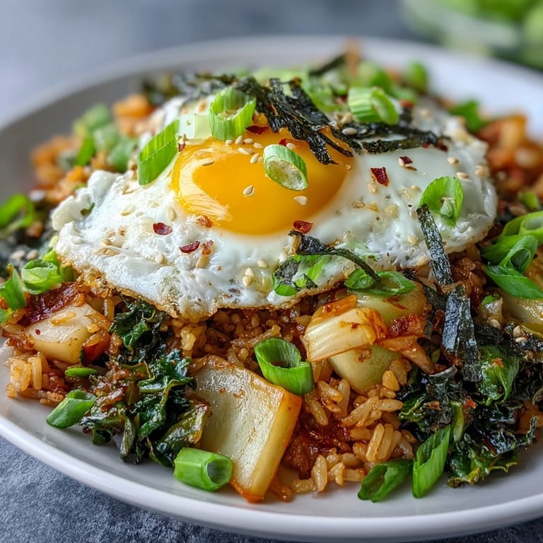 Savory kimchi fried rice bowl, glistening with sesame oil and topped with fresh scallions.