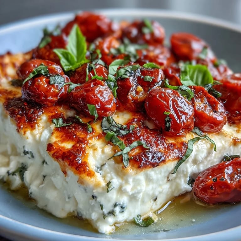 Golden baked feta pasta dish with vibrant cherry tomatoes and fresh basil herbs.