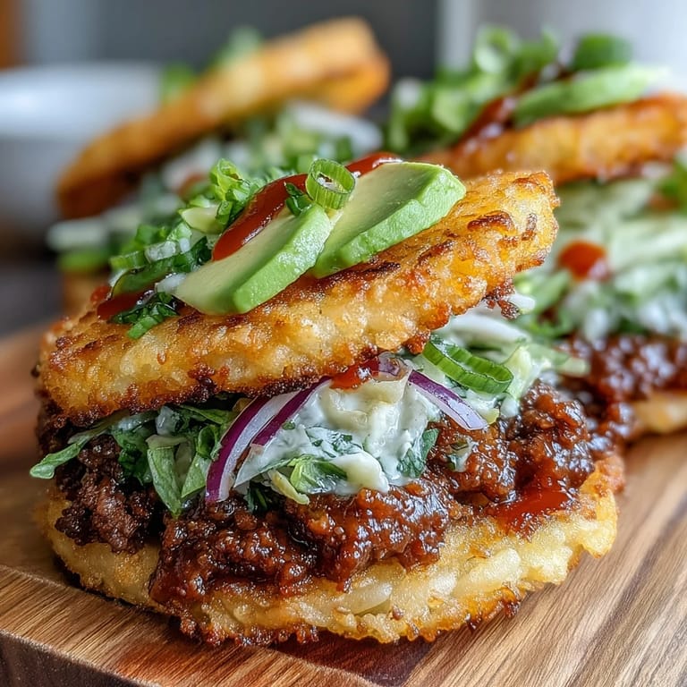 Juicy crispy rice burger tacos with creamy avocado and lettuce.