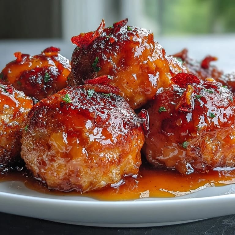 Juicy baked meatballs coated in a vibrant, spicy hot honey peach sauce.