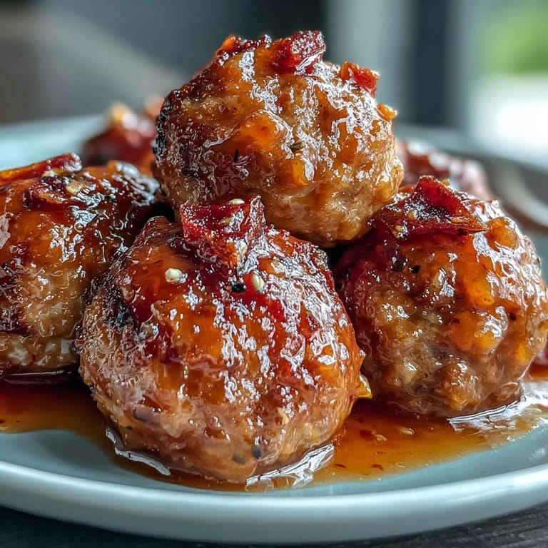 Delicious hot honey peach meatballs piled high, perfect appetizer or main course.
