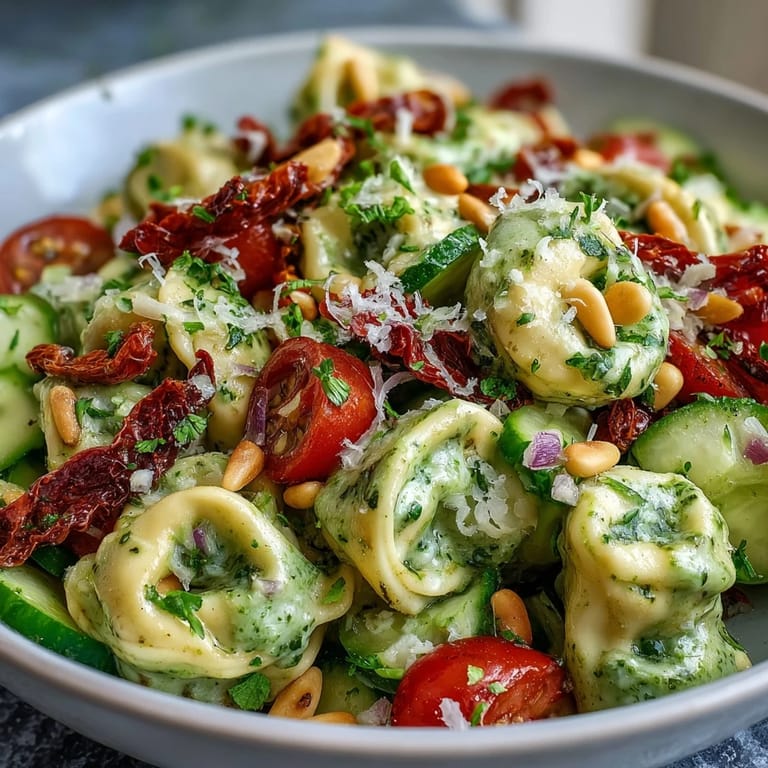 Savory Creamy Pesto Tortellini Picnic Salad, brimming with veggies and a rich, zesty dressing.