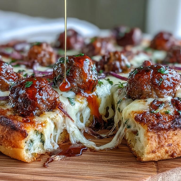 Close-up of a delicious hot honey meatball pizza, ready to be sliced and served.