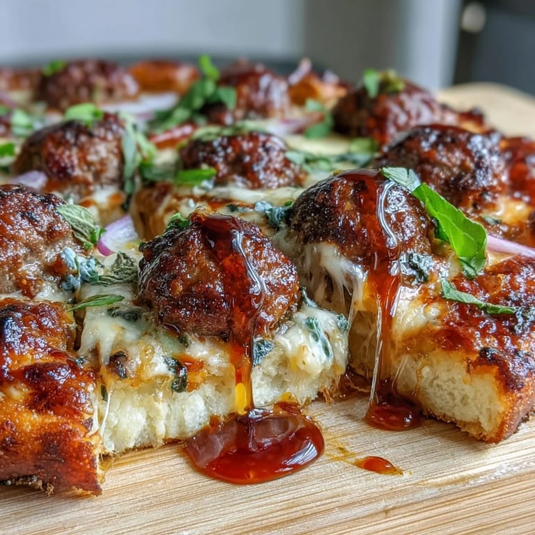 Hot honey meatball pizza, a comforting meal with a sweet and spicy kick.