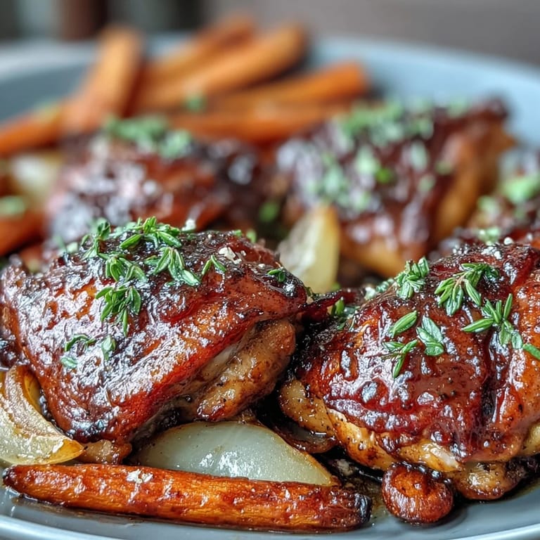 Delicious Pear Balsamic Chicken dish, baked to perfection with vibrant roasted carrots.