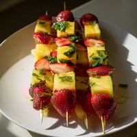 Fresh, colorful fruit skewers with pineapple and strawberries ready to serve on a platter.