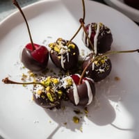 Decadent dark chocolate covers vibrant cherry dessert bites, arranged in an appetizing pyramid.