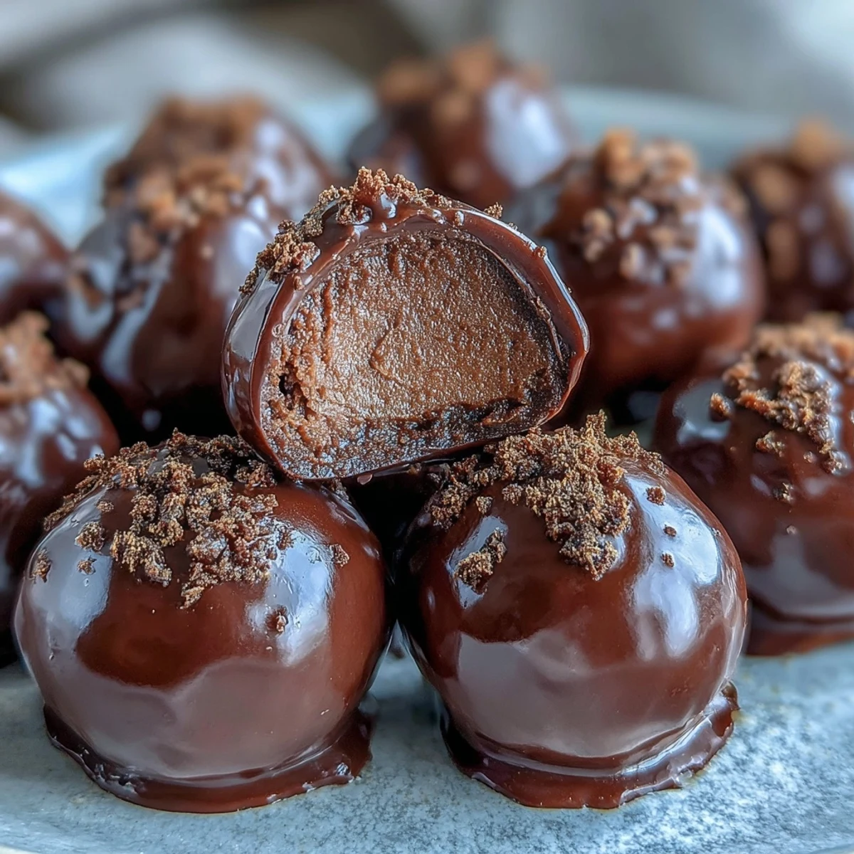 Golden-brown Hojicha Truffles are dusted with roasted green tea powder and displayed on a white plate near a cup of tea.