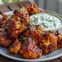 Golden, crispy keto buffalo cauliflower wings drizzled with spicy sauce, served with a cooling ranch yogurt dip.  