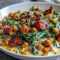 A vibrant vegan skillet filled with creamy coconut curry, tender sweet potatoes, and protein-rich chickpeas, garnished with fresh spinach and cilantro.