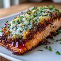 Keto garlic Parmesan salmon with roasted broccoli and lemon wedges on a baking sheet, golden crust glistening under oven heat.  