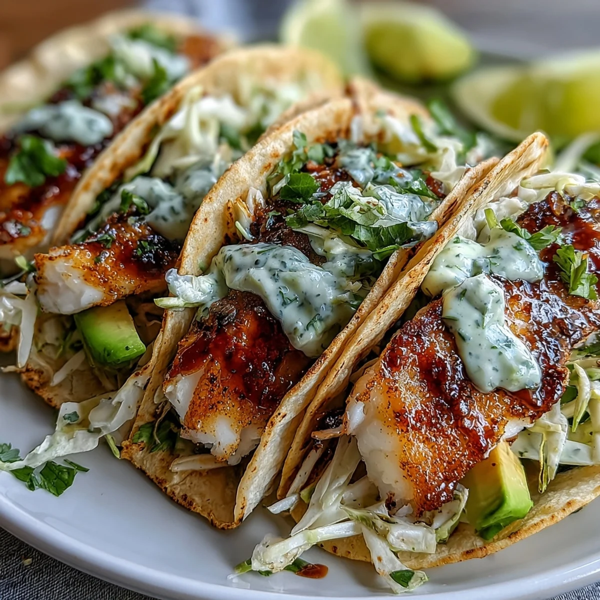 Spicy lime fish tacos with flaky pan-seared fish, crunchy cabbage slaw, and creamy avocado on warm tortillas.  