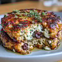 Golden-brown Mediterranean chicken patties sizzling in a skillet, bursting with feta, herbs, and olives for a flavorful dinner.  