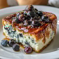 Blueberry cottage cheese breakfast bake with golden edges and juicy berry topping, served warm from the oven in a glass baking dish.