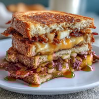 Golden-brown grilled cheese with melted sharp cheddar, crisp apple slices, and smoky beef bacon, drizzled with hot honey for a sweet and spicy kick.