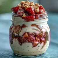 Layered mason jars filled with creamy overnight oats, fresh strawberries, and cheesecake-inspired yogurt mixture for a vibrant breakfast treat.