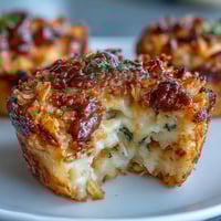 Funeral Potatoes Muffin Cups with golden cornflake topping, creamy cheese filling, and crispy edges in a muffin tin.