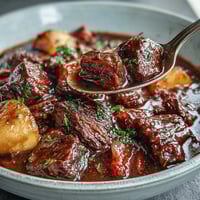 A warm bowl of cozy beef stew with root vegetables, featuring tender chunks of beef and colorful carrots in a rich, savory broth.